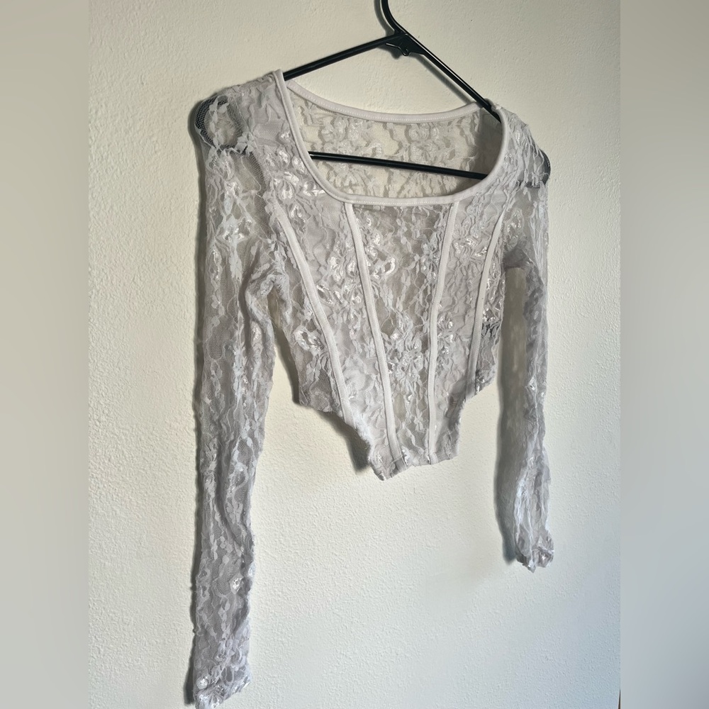 SHEIN Asymmetrical Hem Crop Corset Look Lace Long-Sleeve Top Women’s Size Small